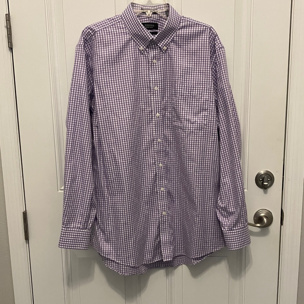 Nordstrom Men's Purple Gingham Shirt 100% Cotton Non Iron Size 17.5” 36”